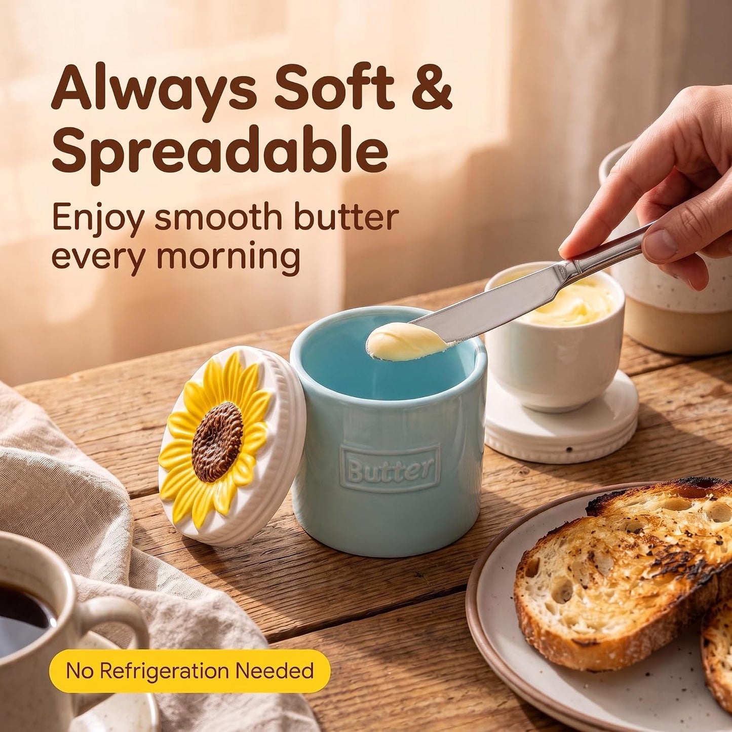 French Butter Crock Sunflower Ceramic Water Sealed Spreadable Butter Keeper | Blue Ceramic French Butter Crock with 3D Sunflower Lid for Keeping Butter Soft and Spreadable Using Water Seal Technology