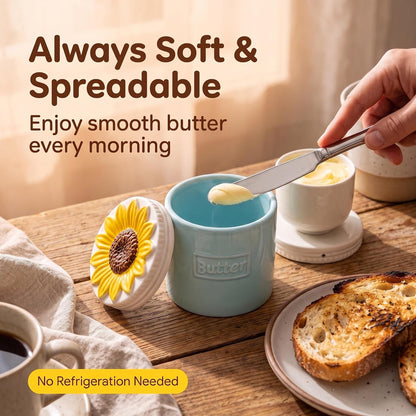 French Butter Crock Sunflower Ceramic Water Sealed Spreadable Butter Keeper | Blue Ceramic French Butter Crock with 3D Sunflower Lid for Keeping Butter Soft and Spreadable Using Water Seal Technology