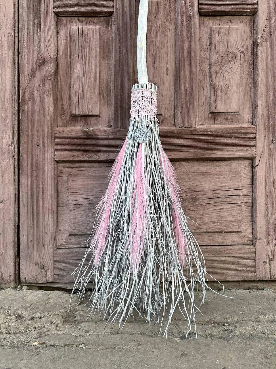 White and Pink Birch Broom, Wedding Broom with Feathers, Broomstick, Besom, Besom Broom, Hexenbesen, Full Size Large Witch Broom