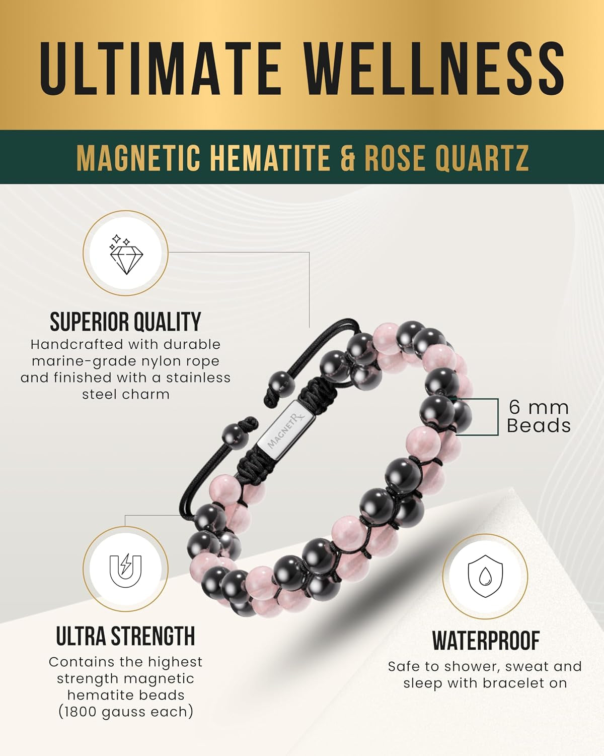 ® Hematite & Rose Quartz Bracelet - MAX Strength Magnetic Hematite Bracelets - Natural Rose Quartz Crystals Pink Beaded Bracelets for Women
