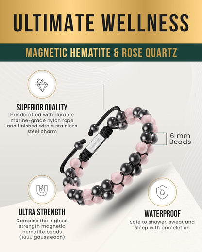 ® Hematite & Rose Quartz Bracelet - MAX Strength Magnetic Hematite Bracelets - Natural Rose Quartz Crystals Pink Beaded Bracelets for Women
