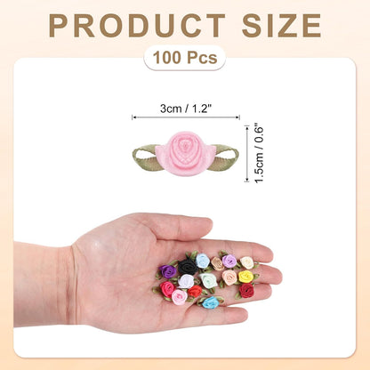 100Pcs Pink Ribbon Roses 5/8"X1-3/16" Mini Roses for Crafts Little Satin Bows Roses Artificial Flowers