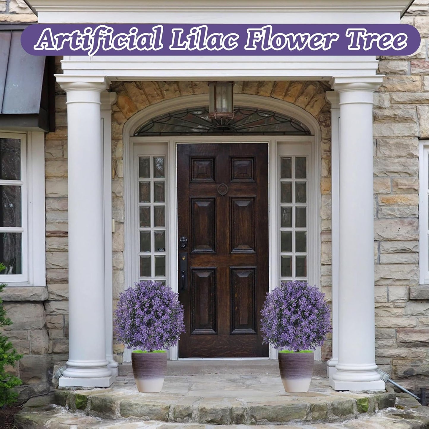 25.5" Set of 2 Artificial Lilac Flowers Tree Purple Lilac Bush | Faux Lilac Shrub Bushes with Ground Spike, UV Resistant Fake Delphinium Antirrhinum for Indoor, Garden, Porch, Patio Decor