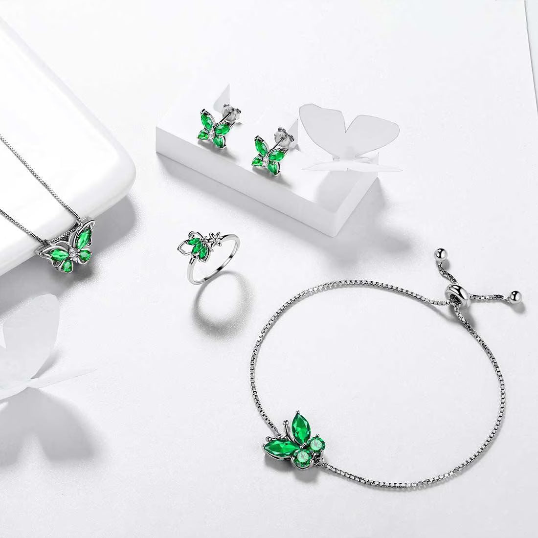 May Birthstone Jewelry Set Emerald Green Butterfly Fine Necklace/Earrings/Ring/Bracelet 925 Sterling Silver Women Xmas Birthday Mother'S Day Gift