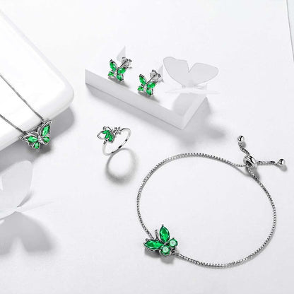 May Birthstone Jewelry Set Emerald Green Butterfly Fine Necklace/Earrings/Ring/Bracelet 925 Sterling Silver Women Xmas Birthday Mother'S Day Gift