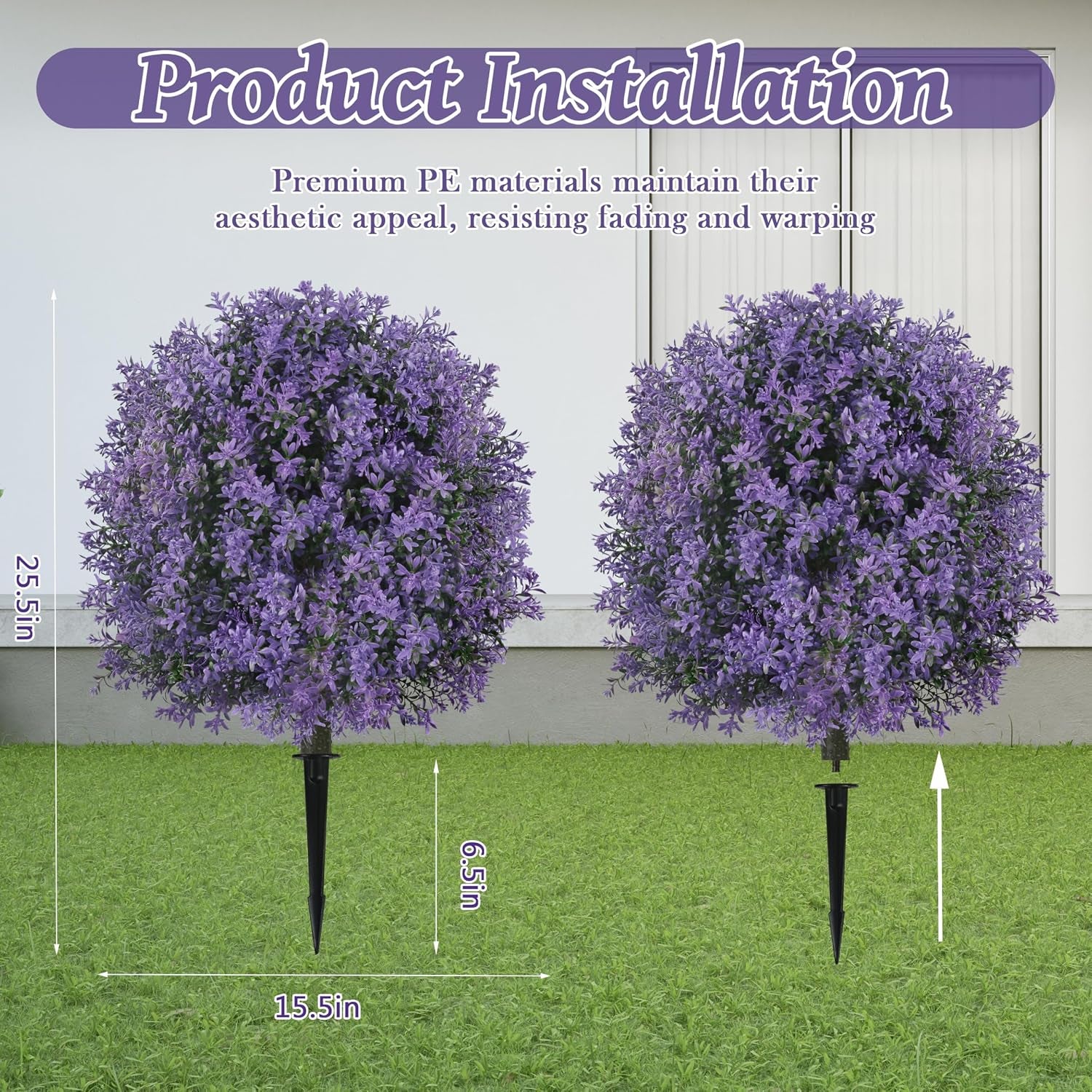 25.5" Set of 2 Artificial Lilac Flowers Tree Purple Lilac Bush | Faux Lilac Shrub Bushes with Ground Spike, UV Resistant Fake Delphinium Antirrhinum for Indoor, Garden, Porch, Patio Decor