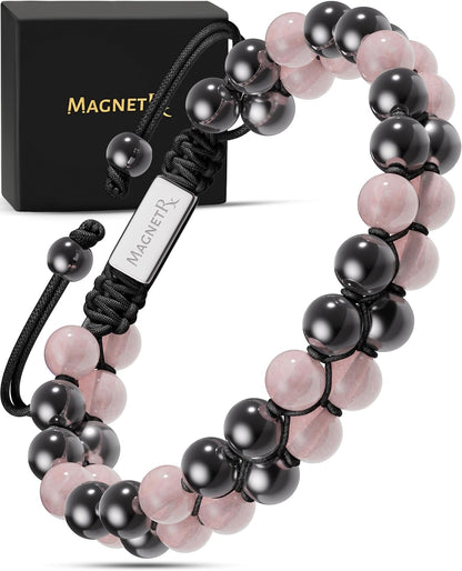® Hematite & Rose Quartz Bracelet - MAX Strength Magnetic Hematite Bracelets - Natural Rose Quartz Crystals Pink Beaded Bracelets for Women
