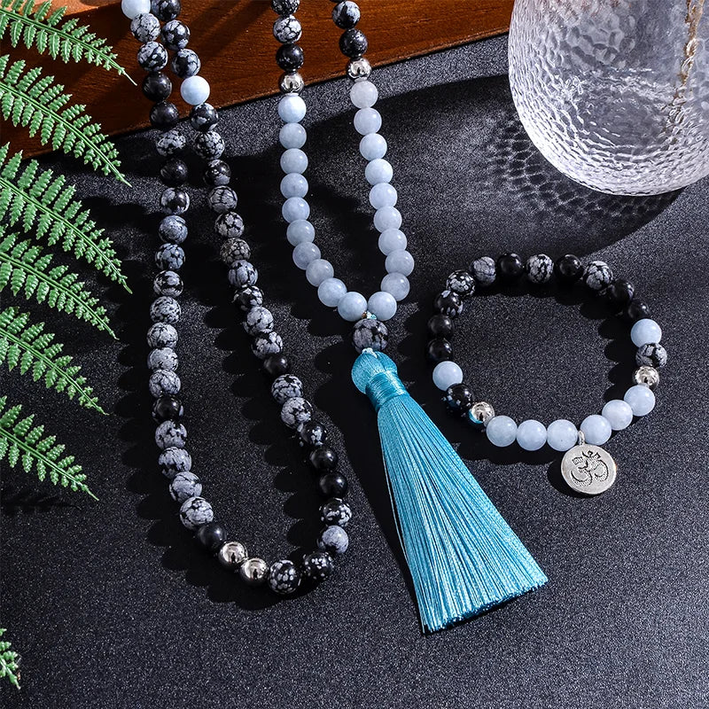 8Mm Natural Stone Beads,Snowflake Obsidian,Aguamarina,Japamala Sets,Spiritual Meditation Yoga Jewelry,108 Mala Beads Necklace