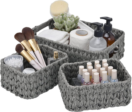 Small Wicker Baskets for Organizing, Wicker Storage Baskets | Small Woven Storage Baskets for Shelf, Rattan Basket for Organizing, Wicker Basket Set, 3-Pack Small Waterproof Baskets