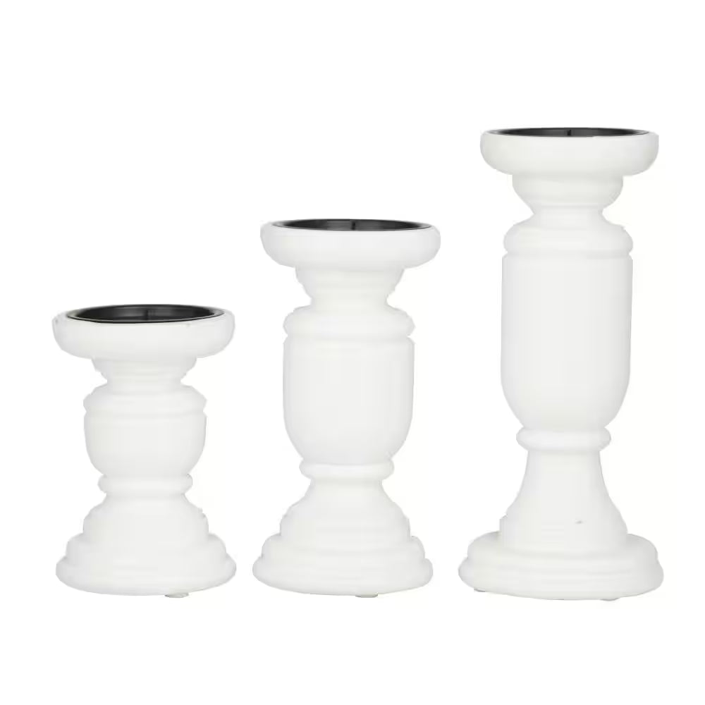 White Mango Wood Turned Style Pillar Candle Holder (Set of 3)