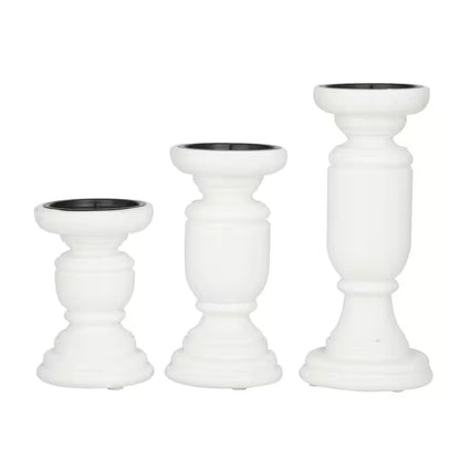 White Mango Wood Turned Style Pillar Candle Holder (Set of 3)