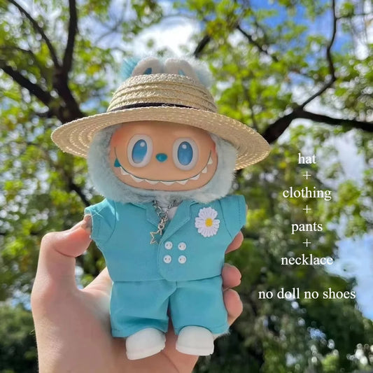 For 15Cm Labubu Doll Clothes Accessories Trend Fashion Suit Tie Straw Hat Outfit Plush Dolls Cool Black Sunglasses Dress up GD