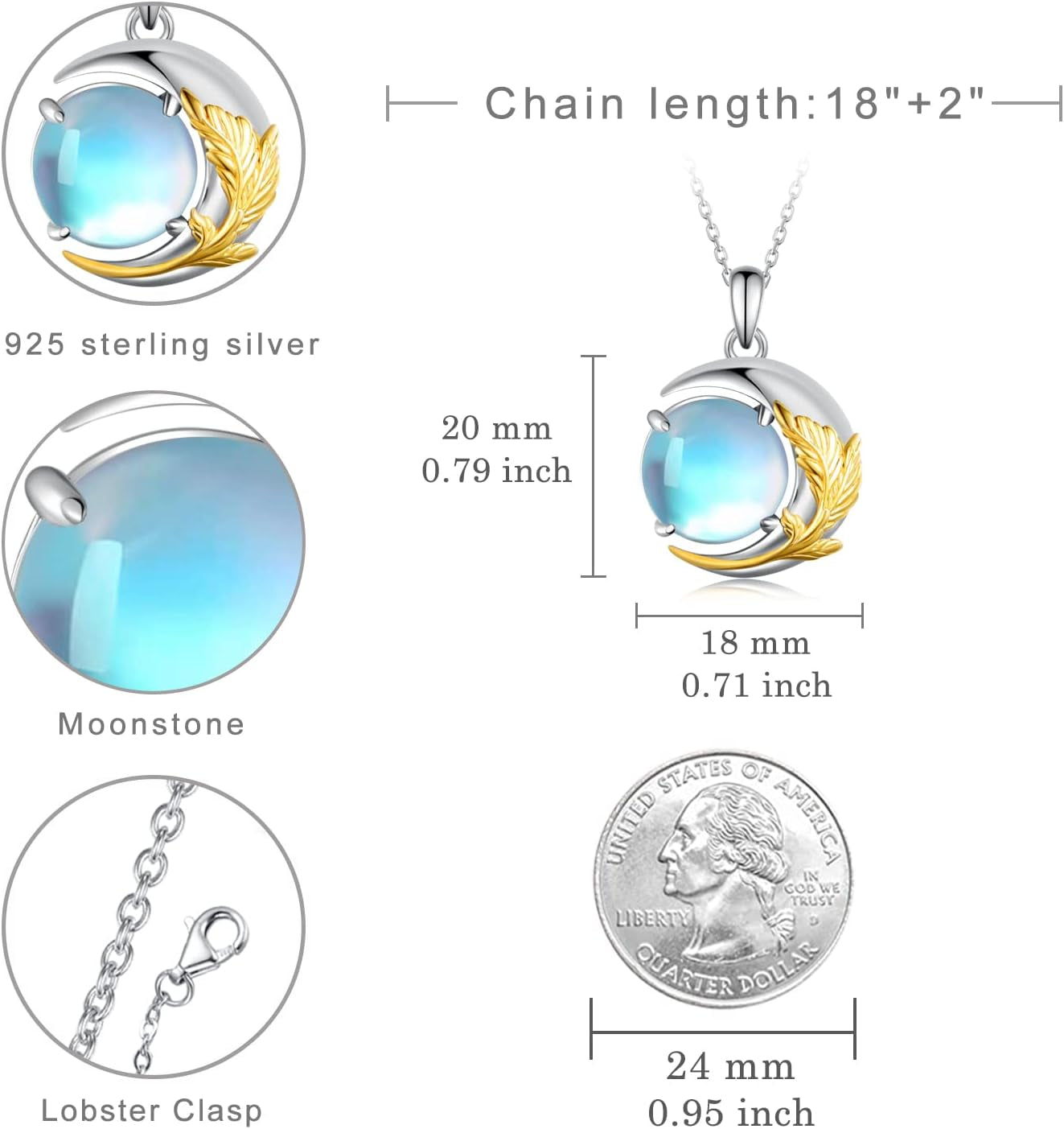 Moonstone Feather Necklace 925 Sterling Silver Moonstone Necklace Moonstone Crescent Moon Jewelry for Women Girlfriend Daughter