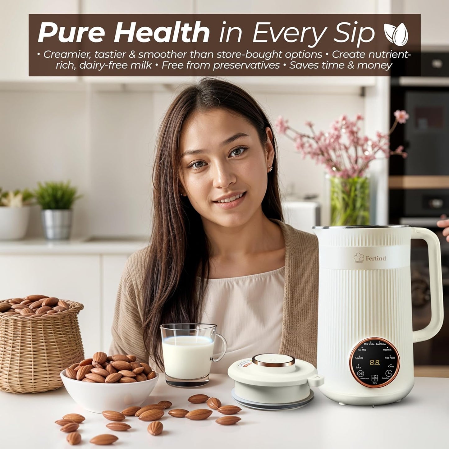 NEW 8-In-1 Nut Milk Maker for 32 Oz Homemade Almond Milk, Oat Milk, Soy Milk, Coconut Dairy-Free Milk Beverages, Plant-Based Milk - Delay Start, Self-Cleaning, 50-Recipe Cookbook & Milk Frother