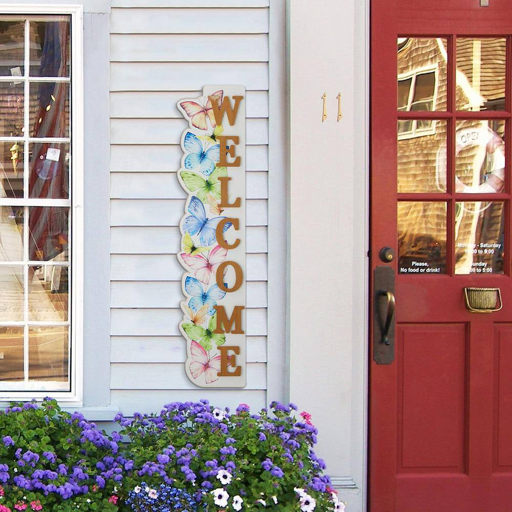 42 In. H Solid Wood WELCOME Porch Sign with Butterfly