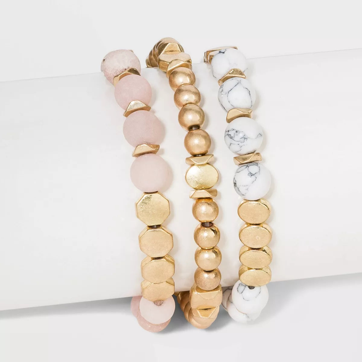 Semi-Precious White Howlite & Sunstone Stretch Multi-Strand Bracelet Set 3Pc - Universal Thread™ Worn Gold: Quartz Beaded