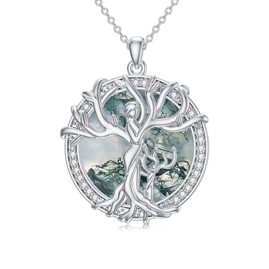 925 Sterling Silver Mothers and 1 Daughter or Son Necklace Family Tree of Life Moss Agate Jewelry Birthday Anniversary Mothers Valentines Day Gifts for Women