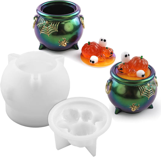 Witch Cauldron Resin Molds, Halloween Resin Molds for Epoxy Casting, Cauldron Jar Silicone Mold with Pumpkin Lid DIY Jewelry Storage Box, Candy Container, Candle Jars