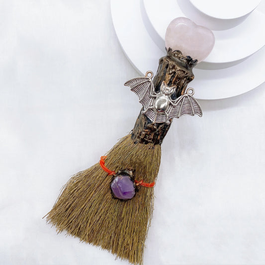 Natural Amethyst Crystal Quartz Gem Love Heart Magic Broom Crafts Reiki Healing Witch Besom Home Garden Decor Christmas Gift