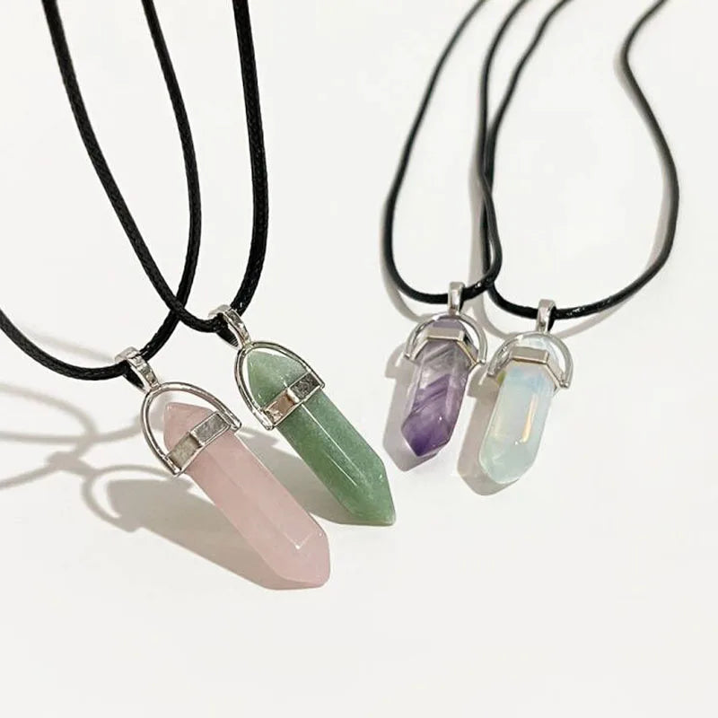 24 Design Natural Green Aventurine Opal Quartz Crystal Pendant Black Leather Hexagon Pendant Chrysocolla Choker Necklace Jewelry