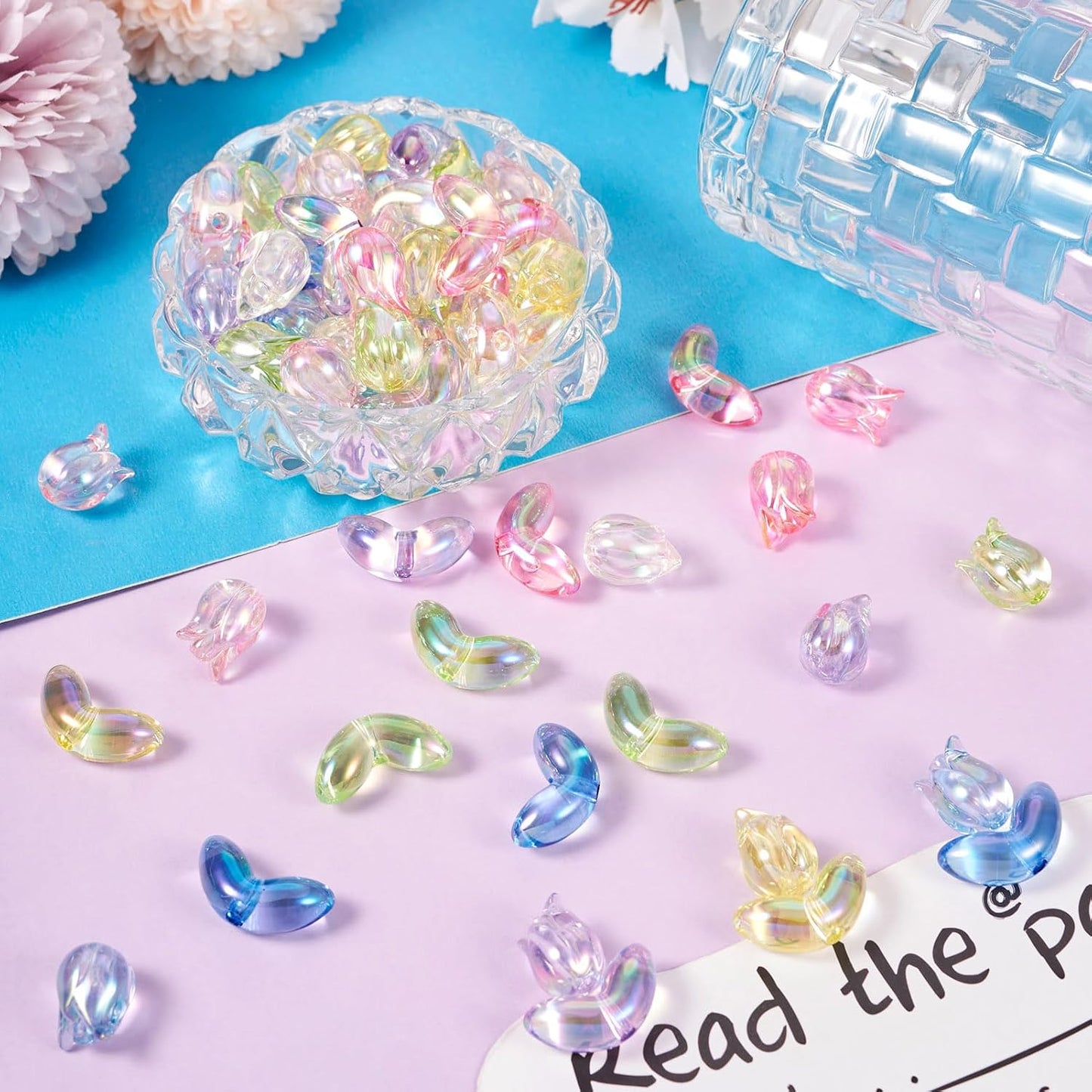 Pandahall 84Pcs Tulip Acrylic Translucent Bracelet Flower Beads - 7 Colors Iridescent Loose Spacer for Jewelry, Bracelets, Necklaces, Earrings, Chains, Accessories, 14