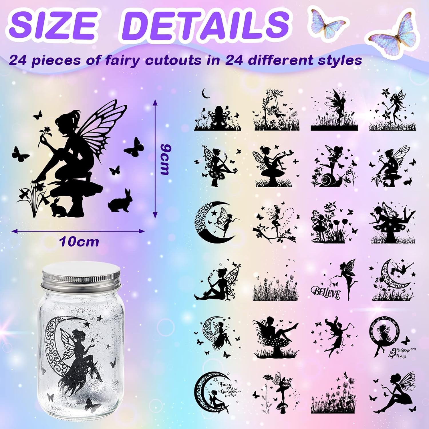 24 Pcs Fairy Transfer Stickers Silhouettes for Crafts, Rub on Transfers for Glass Mason Jars, Self Adhesive Decals DIY Lantern Embellishments, Jar Cutouts Seasonal Decor(Fairy)