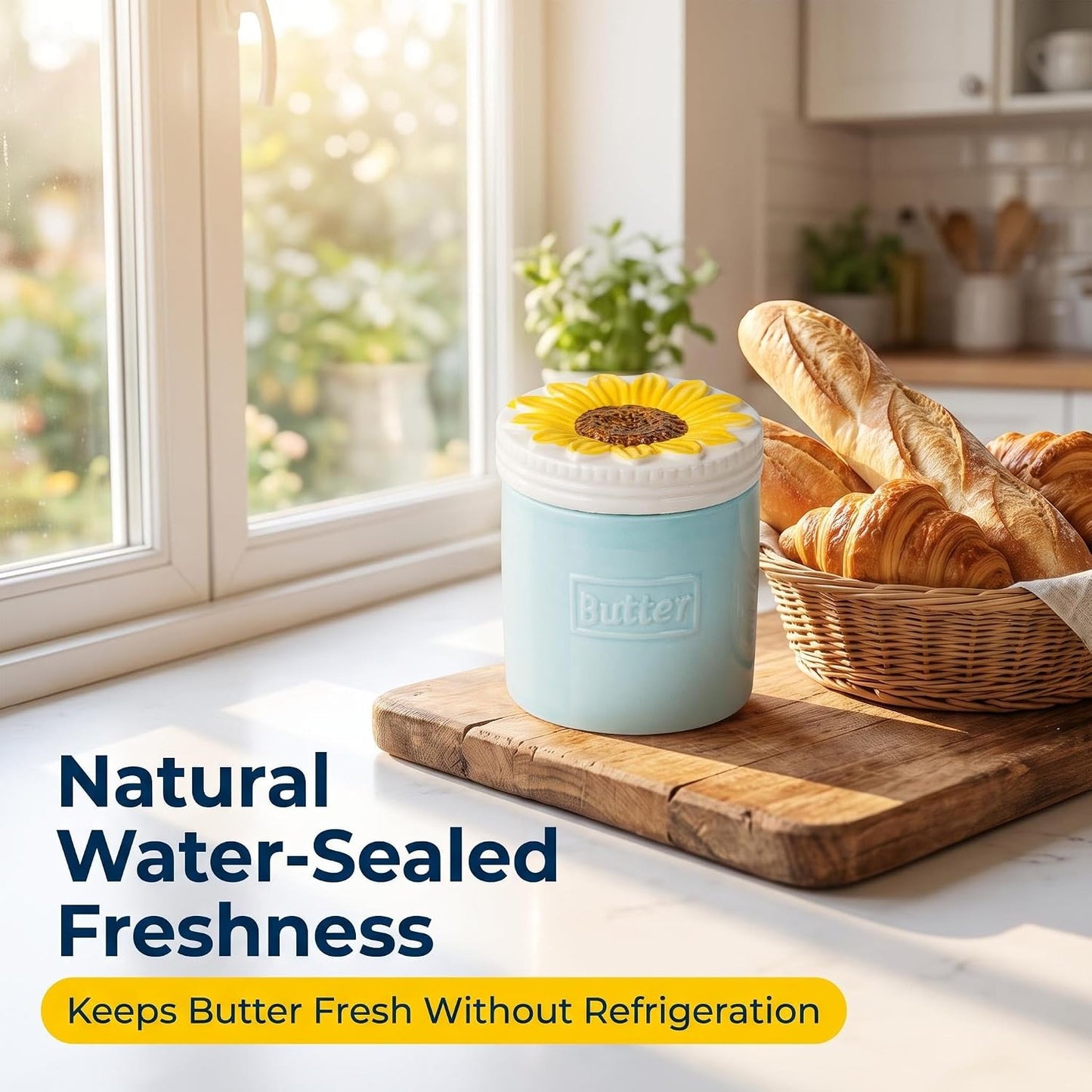 French Butter Crock Sunflower Ceramic Water Sealed Spreadable Butter Keeper | Blue Ceramic French Butter Crock with 3D Sunflower Lid for Keeping Butter Soft and Spreadable Using Water Seal Technology