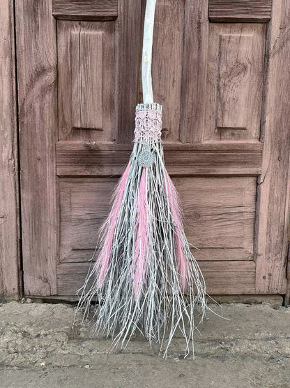 White and Pink Birch Broom, Wedding Broom with Feathers, Broomstick, Besom, Besom Broom, Hexenbesen, Full Size Large Witch Broom