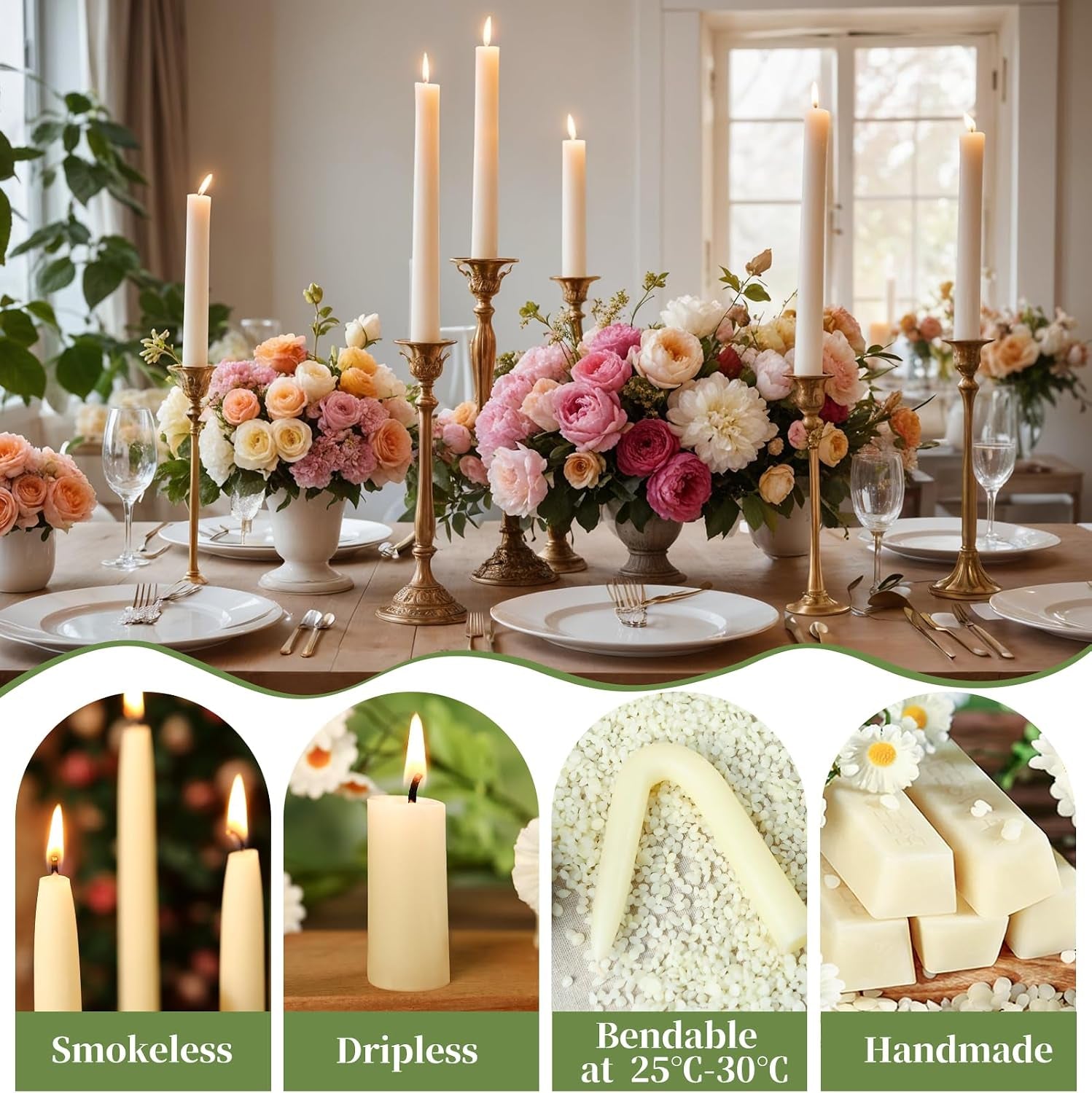 9 Inch Pure White Beeswax Taper Candles, 6 Pack, Non-Toxic, up to 10 Hours | 100% Natural，Long Lasting Burning，Dripless，Smokeless,Unscented Tapered Candle Sticks for Home,Dinne,Prayer,Wedding,Emergency