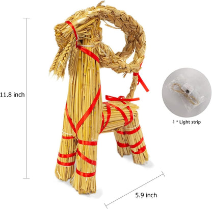 11.8" Lighted Christmas Straw Goat Home Decor Swedish Scandinavian Yule Style Decorative Handmade Ornaments with LED Light for Indoor Christmas Home Kitchen Bedroom Decor