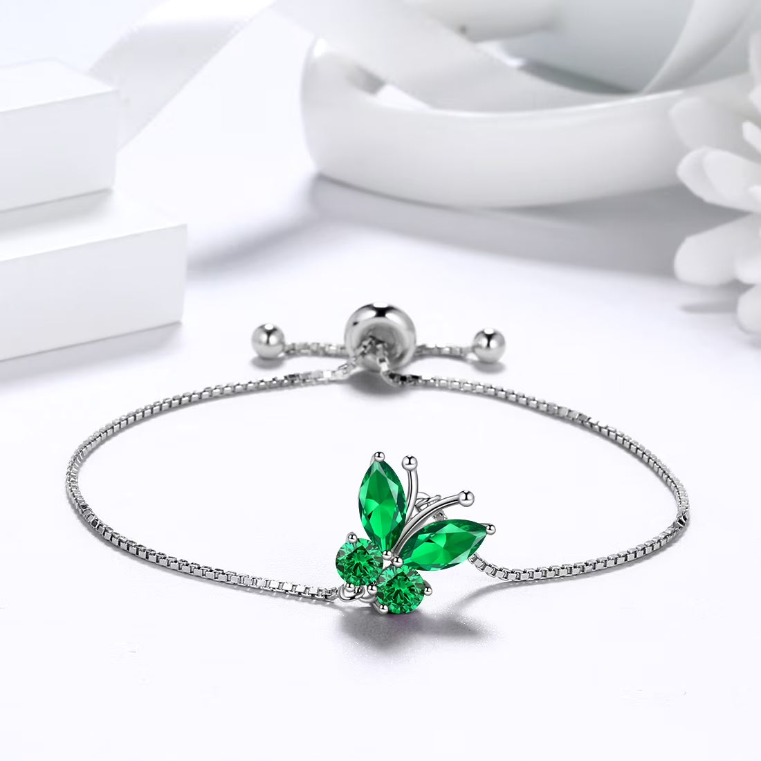 May Birthstone Jewelry Set Emerald Green Butterfly Fine Necklace/Earrings/Ring/Bracelet 925 Sterling Silver Women Xmas Birthday Mother'S Day Gift
