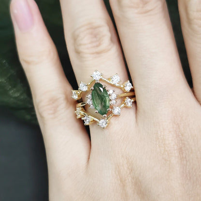 Marquise 5X10Mm 925 Sterling Silver Natural Moss Agate Engagement Ring Bridal Wedding Ring for Her Moss Agate Dainty Ring Set