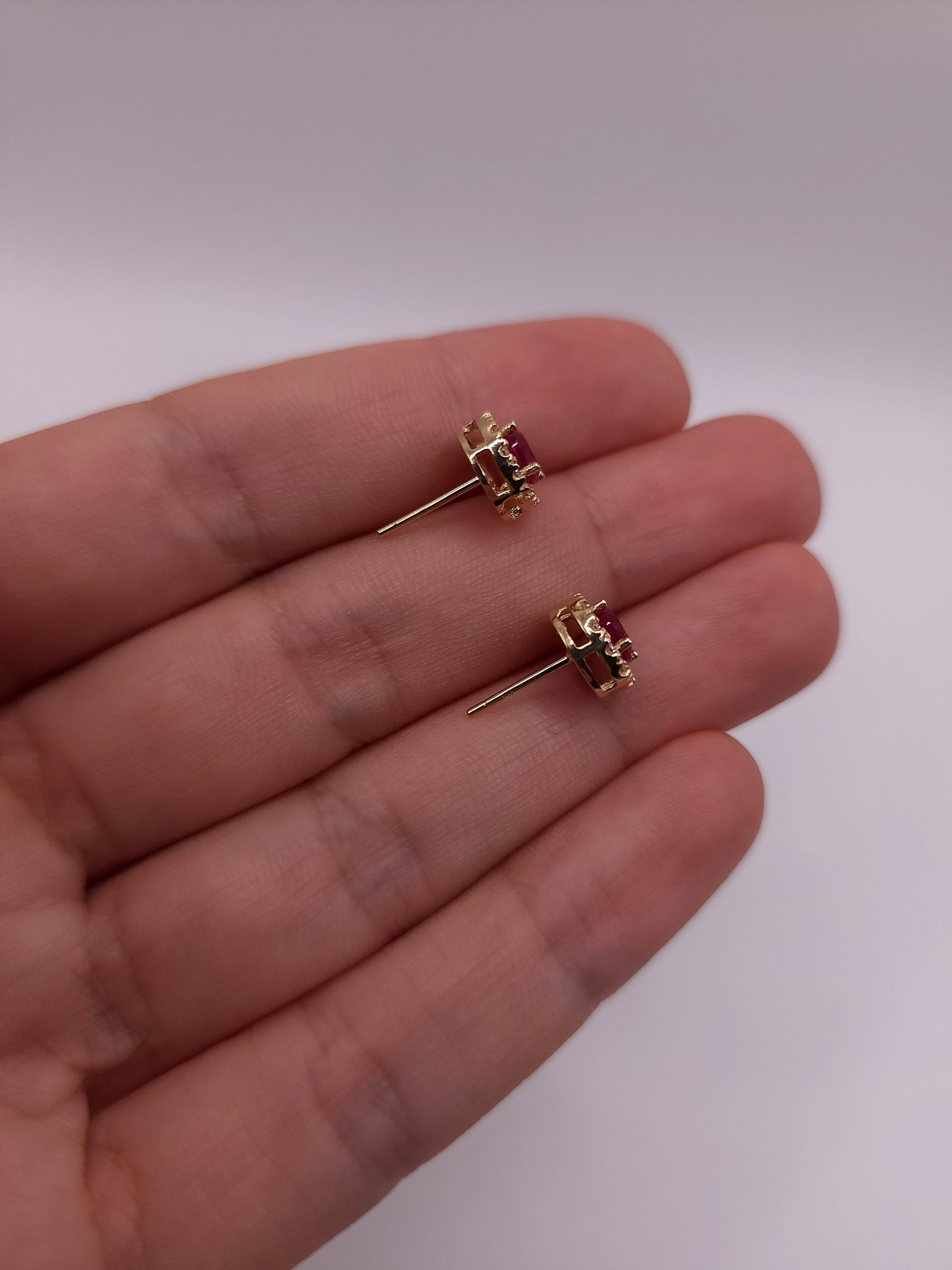 14Kt Gold Ruby Earrings, Ruby Gold Earrings, Ruby Stud Earrings, Ruby Earrings, Ruby Studs, Halo Earrings, July Birthstone Earrings