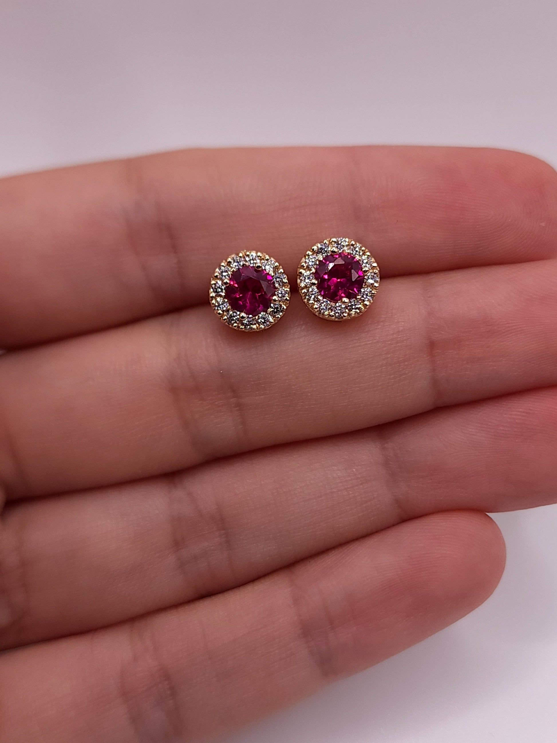 14Kt Gold Ruby Earrings, Ruby Gold Earrings, Ruby Stud Earrings, Ruby Earrings, Ruby Studs, Halo Earrings, July Birthstone Earrings