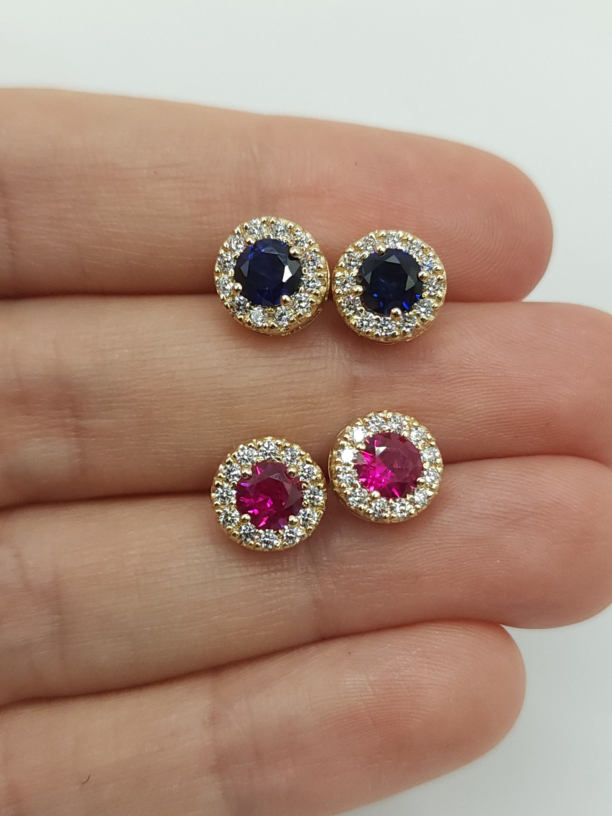 14Kt Gold Ruby Earrings, Ruby Gold Earrings, Ruby Stud Earrings, Ruby Earrings, Ruby Studs, Halo Earrings, July Birthstone Earrings
