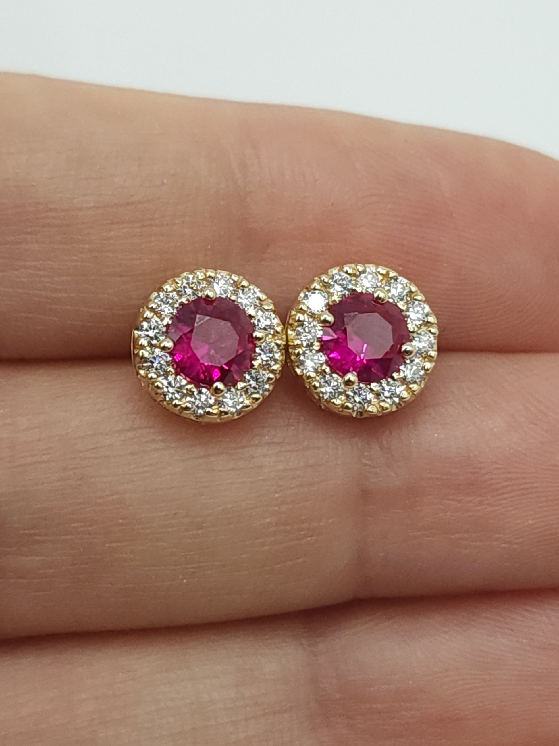 14Kt Gold Ruby Earrings, Ruby Gold Earrings, Ruby Stud Earrings, Ruby Earrings, Ruby Studs, Halo Earrings, July Birthstone Earrings