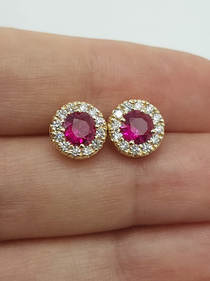 14Kt Gold Ruby Earrings, Ruby Gold Earrings, Ruby Stud Earrings, Ruby Earrings, Ruby Studs, Halo Earrings, July Birthstone Earrings