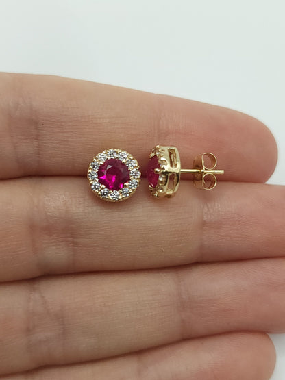 14Kt Gold Ruby Earrings, Ruby Gold Earrings, Ruby Stud Earrings, Ruby Earrings, Ruby Studs, Halo Earrings, July Birthstone Earrings