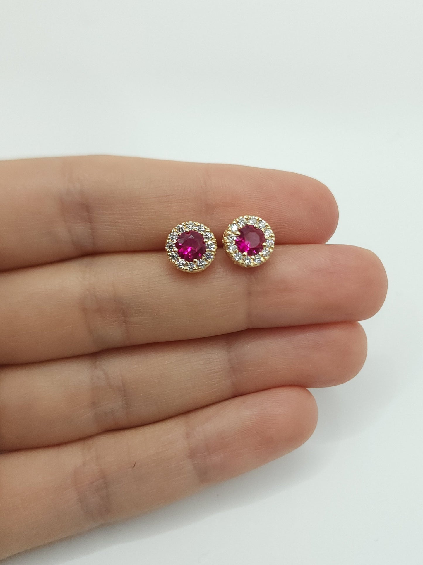 14Kt Gold Ruby Earrings, Ruby Gold Earrings, Ruby Stud Earrings, Ruby Earrings, Ruby Studs, Halo Earrings, July Birthstone Earrings