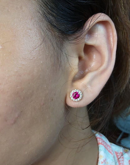 14Kt Gold Ruby Earrings, Ruby Gold Earrings, Ruby Stud Earrings, Ruby Earrings, Ruby Studs, Halo Earrings, July Birthstone Earrings